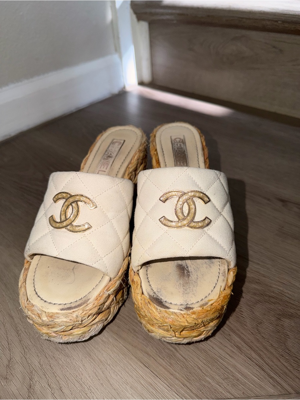CHANEL Cream Quilted Espadrille Wedge Slide with Gold CC - Picture 7 of 16